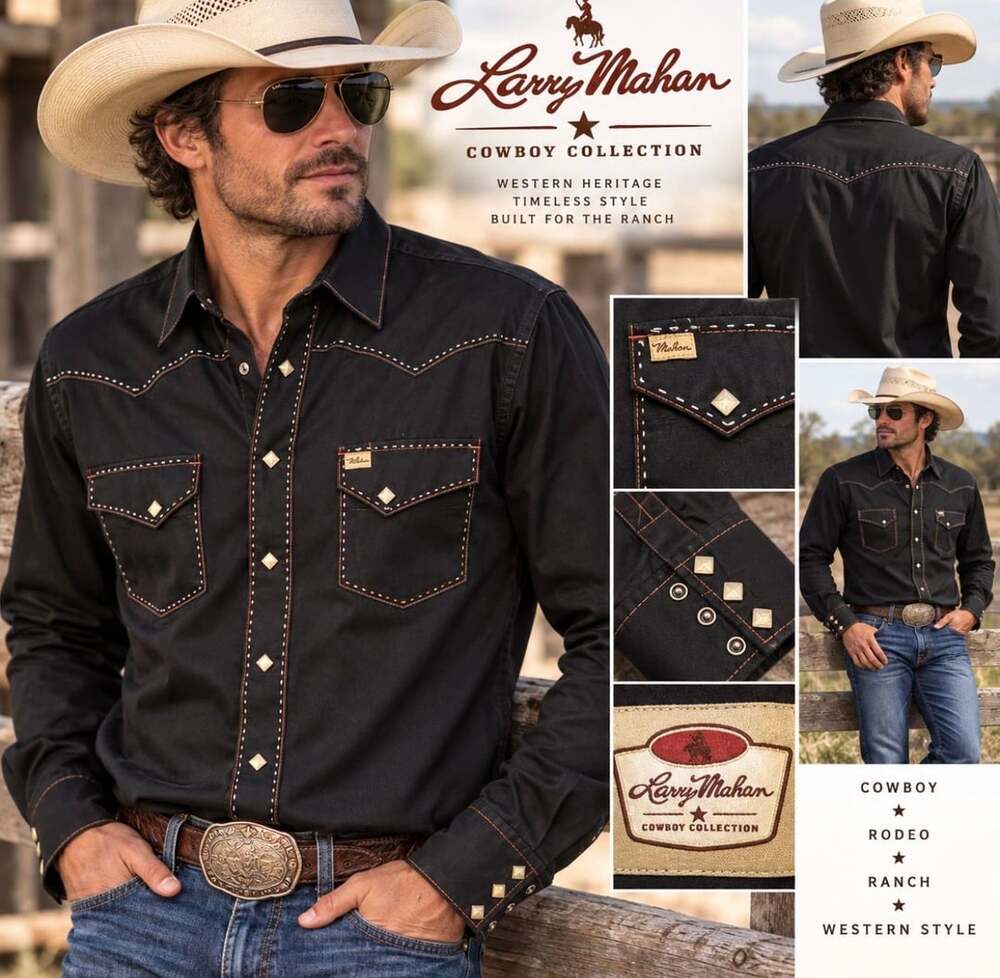 Larry Mahan Cowboy Collection Men XL Black Western Pearl Snap Shirt Embroidered